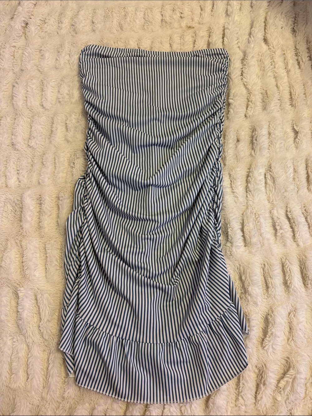 Edikted Navy and White Striped Strapless Ruched Dress